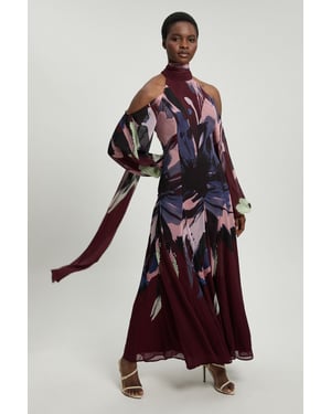 Photographic Floral Crinkle Georgette High Neck Cold Shoulder Woven Maxi Dress