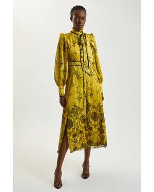 Floral Print Tie Neck Woven Balloon Sleeve Midaxi Dress