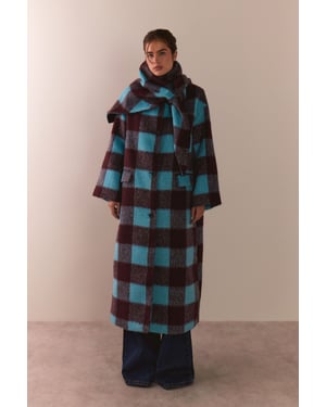 Check Wool Blend Scarf Detail Longline Coat