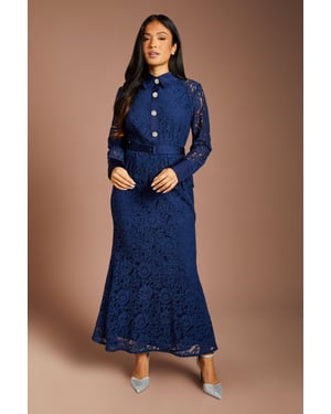 Petite Lace Peplum Belted Long Sleeve Midi Dress