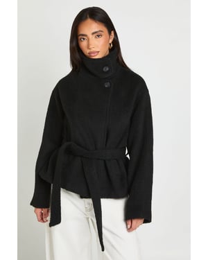 Funnel Neck Belted Wool Blend Jacket