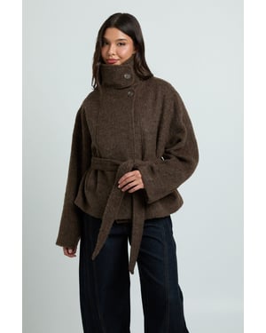 Funnel Neck Belted Wool Blend Jacket
