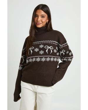 Bow Fairisle Christmas Roll Neck Jumper
