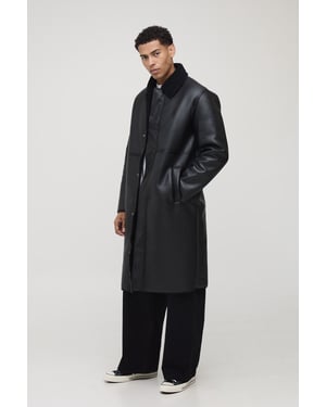 Regular Fit Borg Lined Contrast Collar PU Car Coat