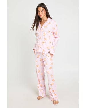 Christmas Gingerbread Print Piping Detail Long Sleeve & Trouser Pyjama Set