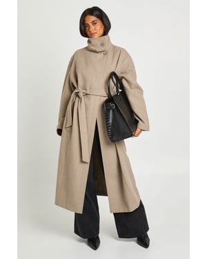 Funnel Neck Belted Wool Look Coat