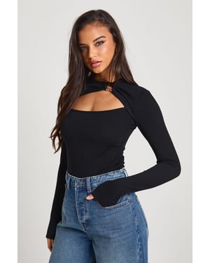 Rib Gold Trim Detail Cut Out Long Sleeve