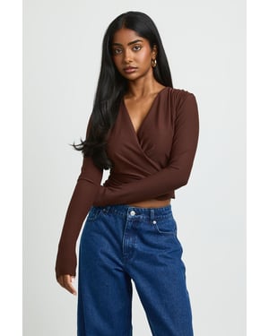 Matte Slinky Drape Wrap Long Sleeve Top