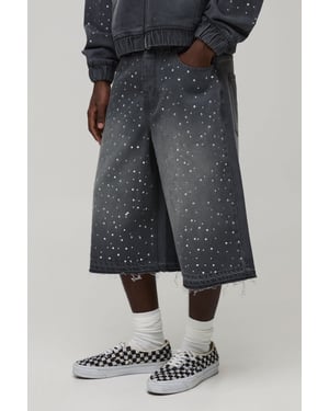 Washed Rhinestone Longline Denim Jorts