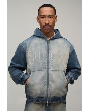 Washed Embroidered Zip Up Denim Co-Ord Hoodie