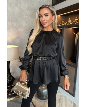 Black Satin Long Sleeve Gold Detail Belt Top