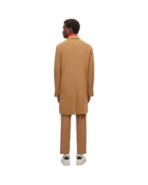 Men's Boss Hyde Solid Patterned Notch Collar Trench Coat in Medium Beige
