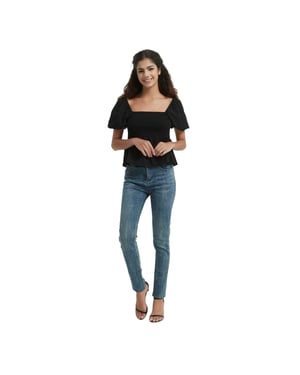 Be You Damesblouse met effen stof, vierkante halslijn en pofmouwen (Zwart)