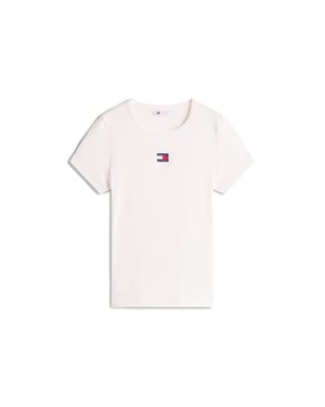 Tommy Jeans Dames-T-shirt met badge, geribd, normale pasvorm (Antiek Wit)
