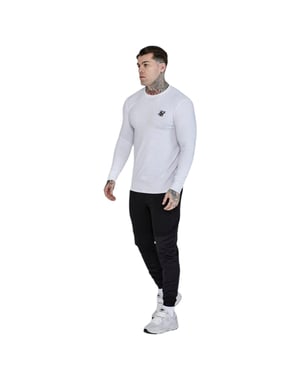 SikSilk Heren-T-shirt met nauwsluitende pasvorm, lange mouwen en geborduurd logo (Wit)