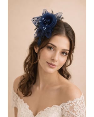 Rosette Faux Pearl & Polka Veil Feather Fascinator in Navy and Black
