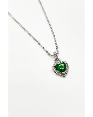 Emerald Green Diamante Heart Necklace in Silver - Gift Boxed