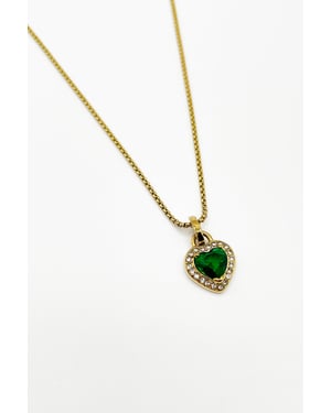 Emerald Green Diamante Heart Necklace in Gold - Gift Boxed
