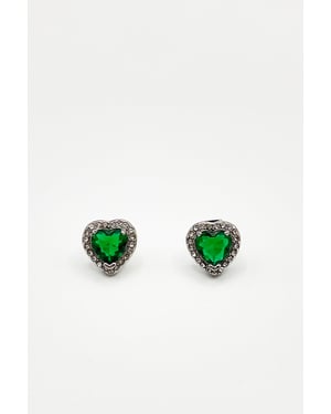 Emerald Green Diamante Heart Earrings in Silver - Gift Boxed