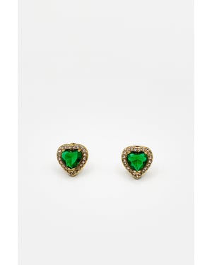 Emerald Green Diamante Heart Earrings in Gold - Gift Boxed