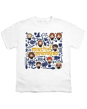 Harry Potter T-shirt voor kinderen met de tekst ‘Mischief Managed’ in chibi-stijl (Wit)