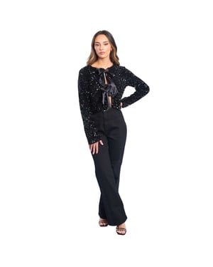 Be You Damesblouse met strik, pailletten en een losse pasvorm, met lange mouwen (Zwart)