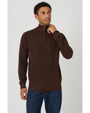 Chocolate Funnel Neck Quarter Zip Knitted Jumper