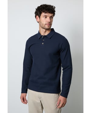 Dark Blue Waffle Long Sleeve Polo Shirt