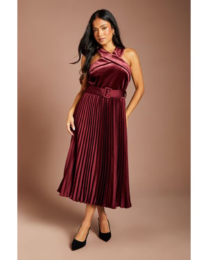 Petite Velvet Cross Neck Pleated Satin Skirt Midi Dress