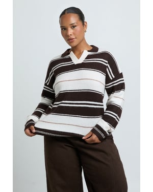 Plus Stripe Collared V Neck Knitted Jumper