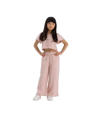 Minoti Effen meisjes met wijde pijpen en geplooide mouwen Top & Bottom Set (Roze)