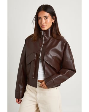 Pebbled Faux Leather Funnel Neck Bomber Jacket