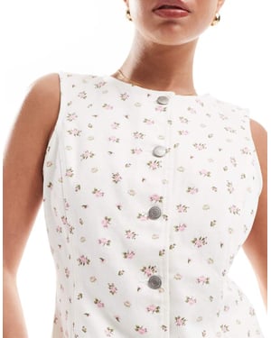 Threadbare co-ord denim waistcoat in white with pink ditsy print