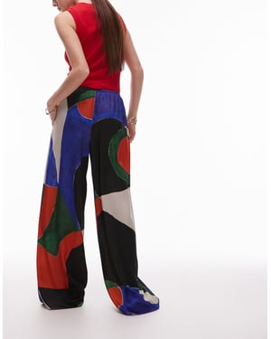 Topshop satin tie waist wide leg trouser geo print in orange and blue