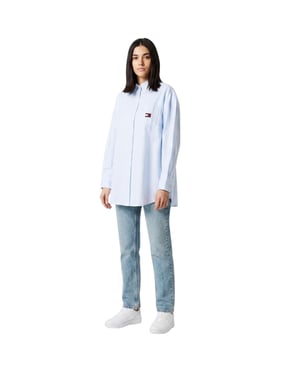 Tommy Jeans Dames-oxfordjurk met lange mouwen en een relaxte pasvorm (Blauw)