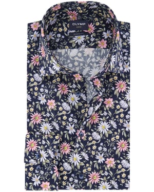 Olymp overhemd donkerblauw bloemen strijkvrij katoen