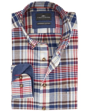 Fynch-Hatton overhemd ml 5 blauw rood geruit flanel