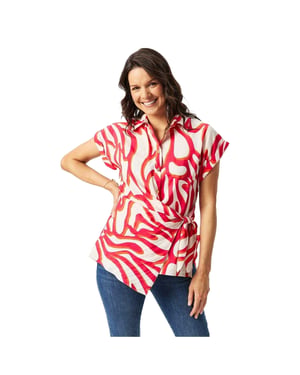 Biba Dames-shirt met gedraaide tailleband en korte mouwen (Rood, Wit)
