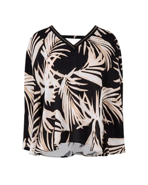 Biba Damesblouse met bladmotief, V-hals en losse pasvorm (Veelkleurig)