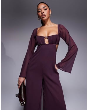 ASOS DESIGN satin corset bust wide leg jumpsuit with cut out in berry