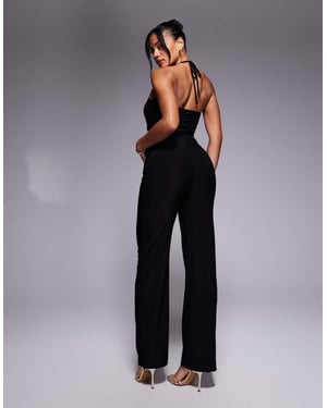 Missyempire double sculpted slinky strappy cut out gold detail jumpsuit in black