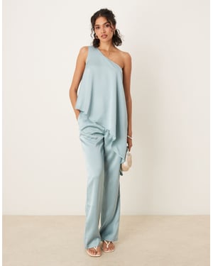 ASOS DESIGN tailored one shoulder drape top co-ord in light blue
