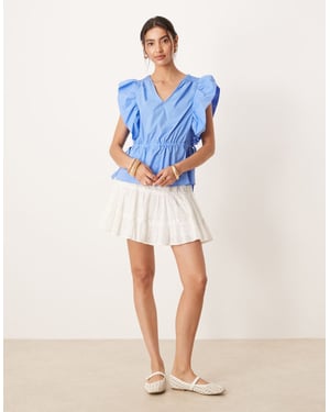 YAS ruffle sleeve tie waist detail poplin top in provence blue
