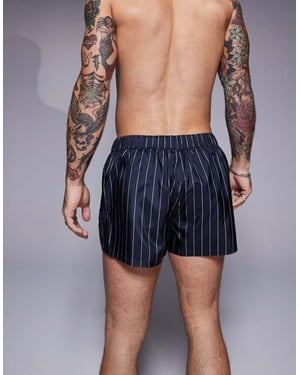 ASOS DESIGN swim short in super short length in navy and white pin stripe