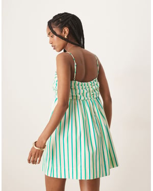 ASOS DESIGN ruched bust button down bandeau mini dress in blue and yellow stripe