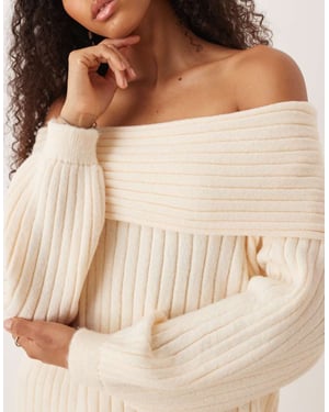 ASOS DESIGN oversized rib knit off shoulder jumper with balloon sleeve in ecru