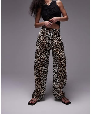 Topshop leopard print linen pleated wide leg trouser in multi