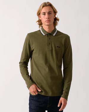 Long Sleeve Logo Detail Polo Shirt in Olive
