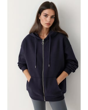 Strukturad Hel Dragkedja Hoodie med Fickor