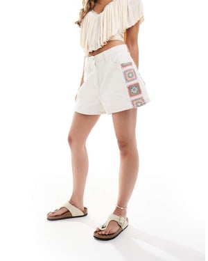 ASOS DESIGN denim dad short with crochet insert in ecru